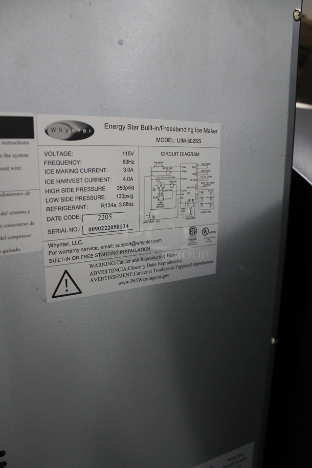BRAND NEW SCRATCH AND DENT! Whynter UIM-502SS Stainless Steel Commercial Built-in / Freestanding Maker-50lb Capacity Clear Cube Ice Maker. 115 Volts, 1 Phase. Tested and Working! - Image 5 of 5