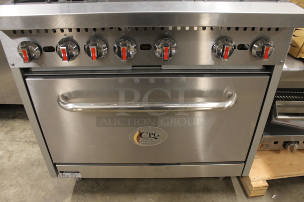 BRAND NEW SCRATCH AND DENT! Cooking Performance Group CPG 351S36SUL Stainless Steel Commercial Propane Gas Powered 2 Tier 6 Burner Range w/ Oven, Back Splash and Over Shelf. 210,000 BTU. Tested and Working!
 - Image 4 of 8