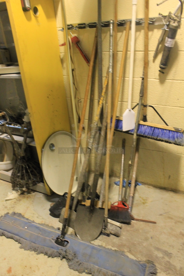 ALL ONE MONEY! Lot of Wall Mount Broom Holder w/ Contents Including Wide Mop and Push Broom. BUYER MUST REMOVE. - Image 3 of 3