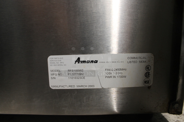 Amana RFS10SW2 Stainless Steel Commercial Countertop Microwave Oven. 120 Volts, 1 Phase. - Image 8 of 8