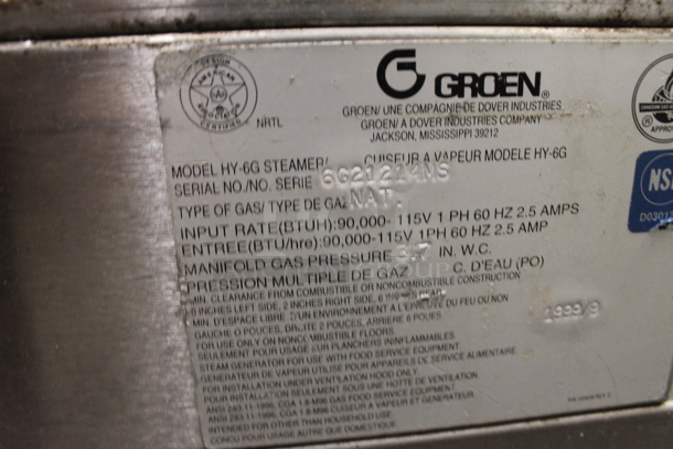 Groen HY-6G Commercial Stainless Steel Natural Gas Double Steamer On Stainless Steel Stand.  - Image 7 of 7