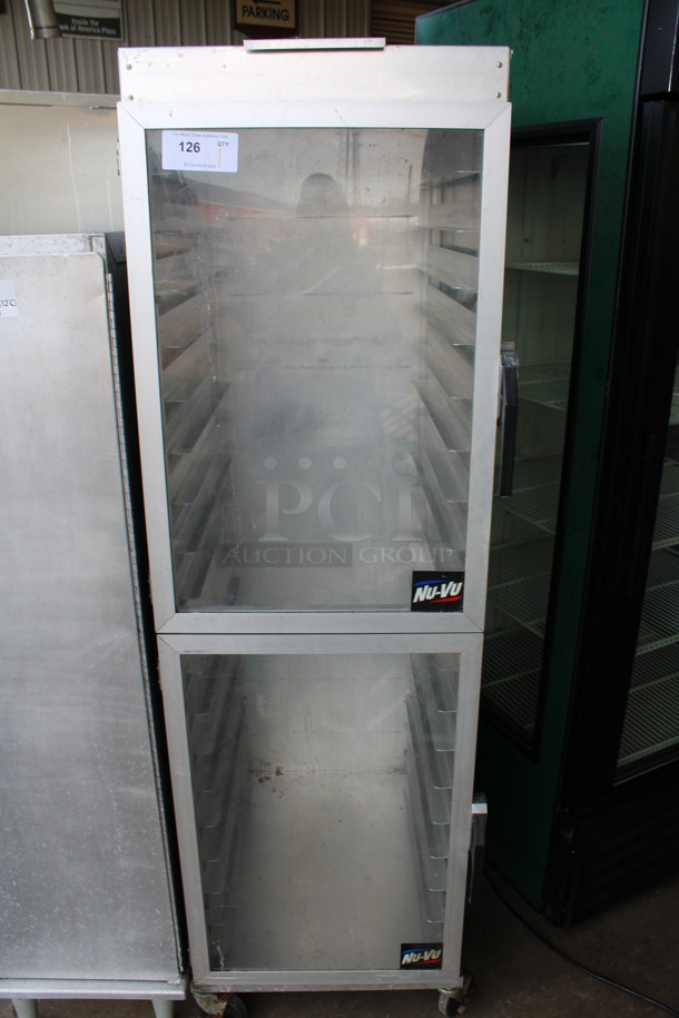 Nu Vu Metal Commercial Enclosed Pan Transport Rack w/ 2 Half Size View Through Doors on Commercial Casters. 22x28x70.5

