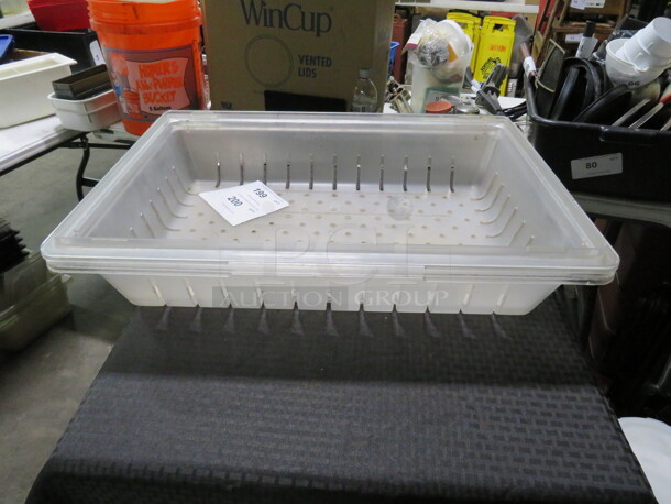 One 8.75 Gallon Perforated Food Storage Container.