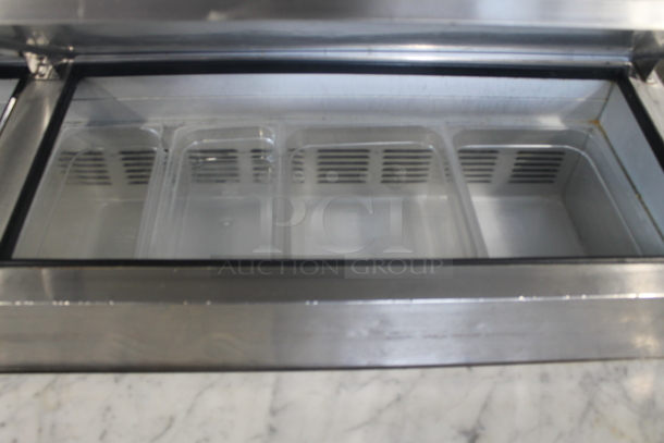 2014 Leader ESPT72SC Commercial Stainless Steel 3-Door Pizza Prep Table With Marble Style Countertop, Lift Up Lids, Plastic Drop-In Bins And Steel Racks On Commercial Casters. 115V. Tested and Powers On But Does Not Get Cold
 - Image 5 of 10