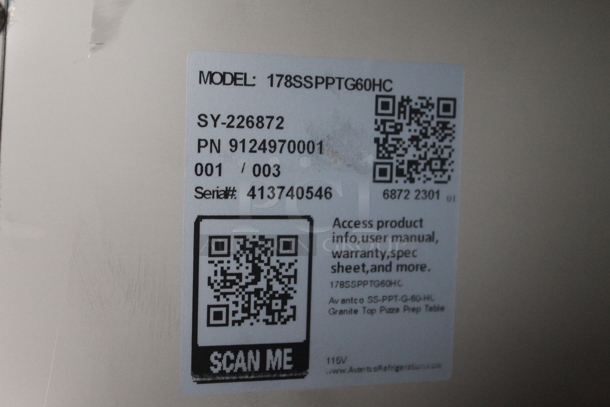 BRAND NEW SCRATCH AND DENT! 2023 Avantco 178SSPPTG60HC Stainless Steel Commercial 60" 2 Door Stone Top Refrigerated Pizza Prep Table. 115 Volts, 1 Phase. Tested and Working! - Image 9 of 9