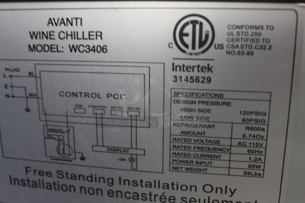 BRAND NEW SCRATCH AND DENT! Avanti WC3406 Wine Chiller With Glass Door Trimmed in Stainless Steel, Black. 115V. Tested and Working!   - Image 5 of 5