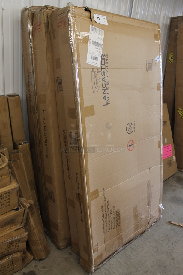 BRAND NEW SCRATCH AND DENT! Lancaster Table & Seating 427CAU3260OR 32" x 60" Orange Powder-Coated Aluminum Dining Height Outdoor Table with Umbrella Hole - Image 4 of 7