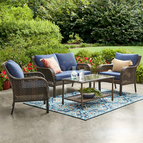 Mainstays Tuscany Ridge Outdoor 4 Piece Wicker Conversation Set, Blue. 4-piece patio furniture set includes a cushioned loveseat, two chairs, and a coffee table. Each chair measures 30.75