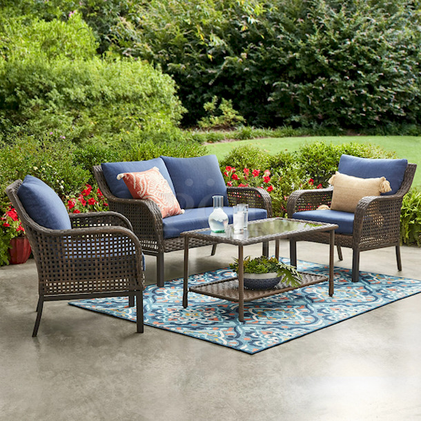 Mainstays Tuscany Ridge Outdoor 4 Piece Wicker Conversation Set, Blue. 4-piece patio furniture set includes a cushioned loveseat, two chairs, and a coffee table. Each chair measures 30.75"D x 30.75"W x 32.75"H; Loveseat measures 52"W x 30.75"D x 32.75" H; Coffee table measures 21.5"W x 38"D x 19.5"H. 2x Your Bid - Image 1 of 8
