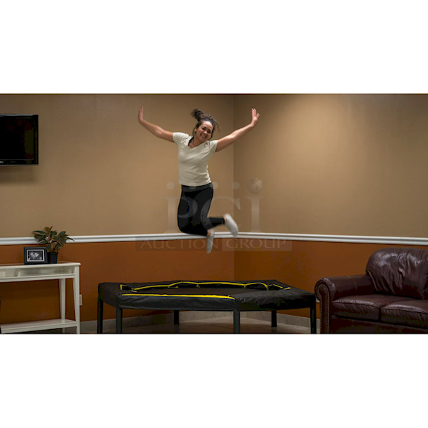 JumpKing 7.5-Foot Trampoline, with Enclosure, Black/Yellow. Jump King 7.5ft Trampoline & Enclosure System:

Enlarged door for easy entry
Patented over-under springs arrangements provide a better bounce
Unique shape and size for Indoor & Outdoor use
Can be enjoyed by either an adult or a child
User max weight: 180 lbs.
Heavy duty netting for added safety
Meets ASTM requirements                                      7-1/2ft w x 7-1/2ft d x 6.2ft h  - Image 5 of 11