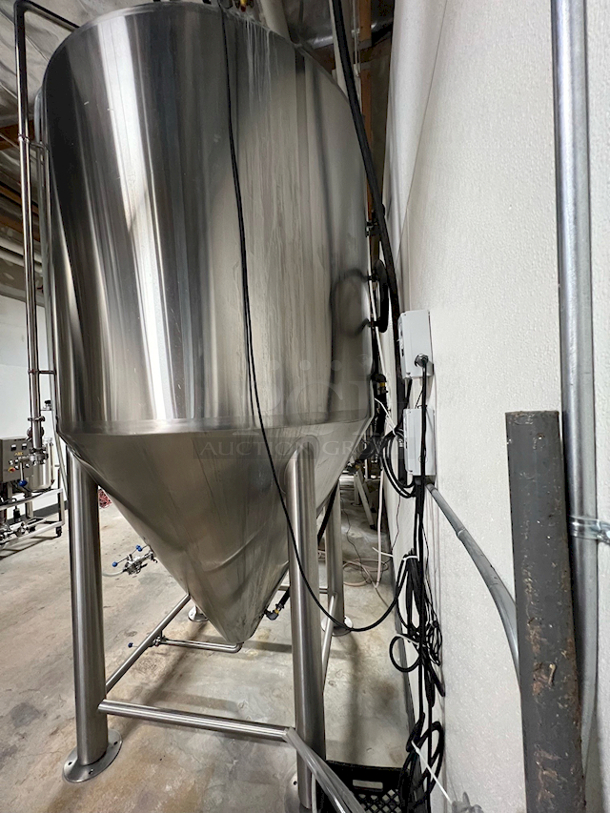 LIKE NEW! Ningbo Bme 30FV 30BBL Fermenter/Unitank/Conical Stainless Steel Fermentation Tank. S/N: BME30FV021 
.
Fully Functioning

.
Gross volume: 4,430L(26% head space); 
Tank size: Φ1,600x1500mm, approx. total height 12ft
Jacketed and insulated. SUS304 stainless steel, 3mm thickness plate for inner tank, 1.5mm for dimple jacket and 2mm for outer shell.
Interior tank 2b finish and passivated, ribbon polish for welded place; 4#finish or mirror finish for inner tank available
Outer tank brushed. Dish head polished. ribbon polish for welded place
Dish head, 60° cone bottom, Side shadowless manway(double side welded)
DIN 65 style 1.5” Rotating racking arm(or tri-clamp),
3 zone dimple cooling jackets, 3/4″ NPT inlet and outlet
80mm Polyurethane insulation
CIP arm and spray ball, blowoff pipe
Necessary butterfly valves, sample valve, Thermometer, Pressure gauge( oil style), PVRV, tri-clamp and gasket fittings.

Manufactured: 12/30/2019

Located in: Rancho Cucamonga, CA. Shipping is Available. - Image 6 of 8