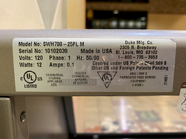 AMAZING! Duke Single Hole Warmer Line Unit With Sneeze Guard. Model# SUB-HF-L25M and Serial# 10102040. Power is 120/60/1 and 46 amps. 

Tested. In Perfect Working Order.  - Image 10 of 10