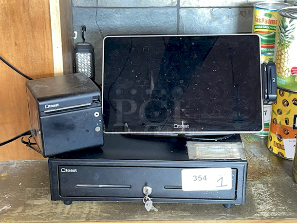 GREAT VALUE!! Toast Point Of Sales System With: Flat Screen Monitor & Card Reader, Toast Ticket Printer, Locking Cash Box W/ Key. 3x Your Bid - Image 1 of 5