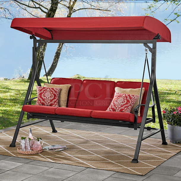 IN THE BOX & WAITING FOR YOU!! Mainstays Belden Park 3 Person Seat Outdoor Furniture Patio Swing and Daybed with Canopy, Red. 80.71” x 51.57” x 72.83”  - Image 1 of 8