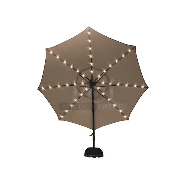 SimplyShade 11-ft 42-LED Light Cantilever Umbrella with Base, Solar/AC Powered. Color: Greige. Includes: 120 volt AC Adapter Cord. 360-Degree pivoting Hub W/ Foot Pedal To Swing Canopy Horizontally. 11-ft x 11-ft x 8.32-ft - Image 7 of 12