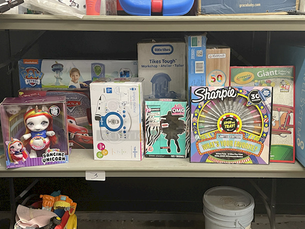 MONSTER LOT OF KIDS TOYS! Poopsie Dancing Unicorn; Pixar Cars Scoot Racer; Nickelodeon Paw Patrol Pop-Up Pretend Table & Chairs – Converts To Command Station With Working Parts; Tabeoke Singing Machine; OMG Da Boss, Little Tikes – Tikes Tough – Workshop; Sharpie Limited Edition 30 Permanent Marker Spin Tray; Crayola 90yr of Mickey 18 Giant Coloring Pages; Nickelodeon Paw Patrol Chase & Marshall (2) Chair & Table Set; KidKraft Classic Rocking Chair - Image 1 of 10