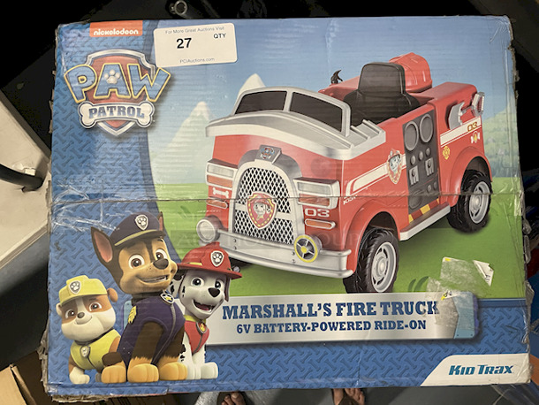 NEW!! Kid Trax Nickelodeon Paw Patrol Marshall’s Fire Truck 6v Battery-Powered Ride-On With Working Siren. Includes: 6v Battery & Charger,  Toy Shovel, Water Squirt Bottle & Fireman’s Hat 23.58 x 41.66 x 26.33 - Image 5 of 5