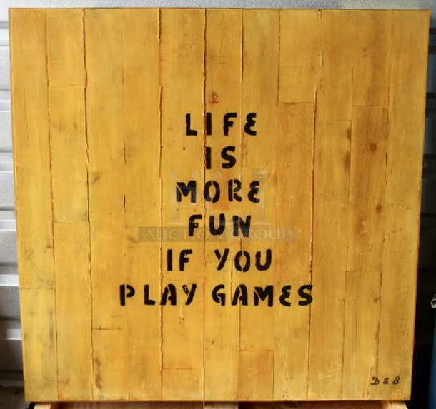 OUTSTANDING! Custom Built Laminated Table Top & Heavy Duty Weighted Outdoor Stands. -- Writing On Table: LIFE IS MORE FUN IF YOU PLAY GAMES --  2x Your Bid. 36x36x22