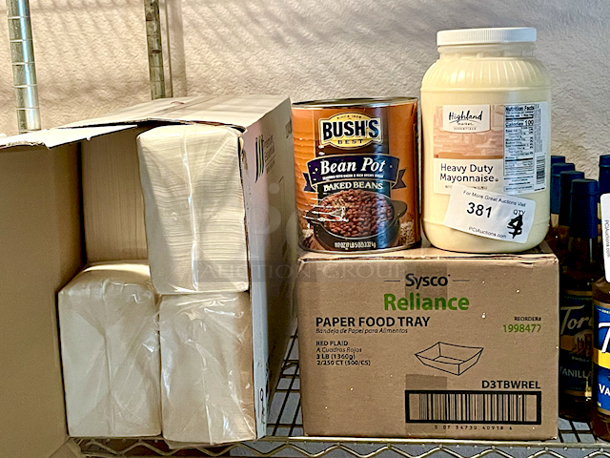 COMBO LOT! Box Of 1/8" Fold Dinner Napkins 2-Ply White, 3000ct - Sysco Reliance Paper Food Tray, Red Plaid, 3lb Case of 500 - Bush's Baked Beans 7Lb 5OZ - Highland Market Heavy Duty Mayonnaise 1 Gallon. 4x Your Bid   - Image 1 of 4