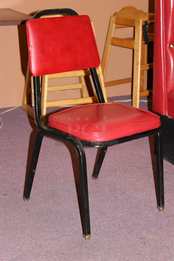Classic! Stackable Padded Banquet Chairs, Red, Steel Frame. 12-1/2x19-1/2x33 3x Your Bid.