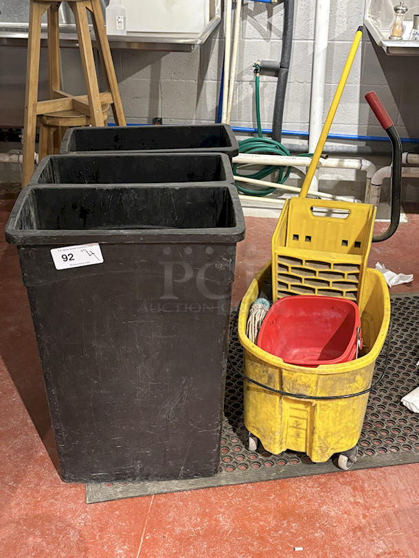 AWESOME! 3 Trash Cans, Sanitary Buckets (Red) and Mop Bucket With Mop. 4x Your Bid - Image 2 of 2