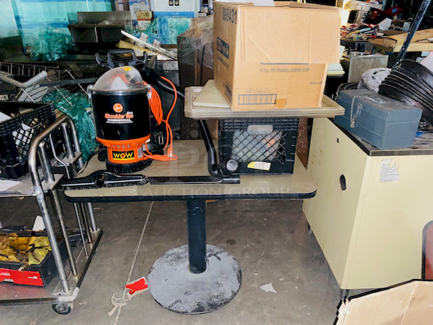 AWESOME! Hover Shoulder Vac Pro. Commercial Vacuum, Full Size Pan Lids, Box of Lids, Table with Base - Image 1 of 4