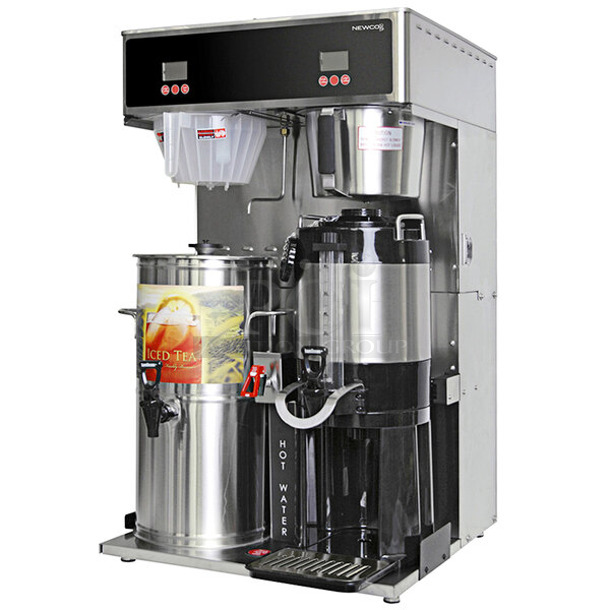 BRAND NEW SCRATCH AND DENT! 2024 Newco GDF-P Stainless Steel Commercial Countertop Double Coffee Machine w/ Hot Water Dispenser and 2 Metal Brew Baskets. Does Not Come w/ Satellite Servers. 120/240 Volts, 1 Phase. - Item #1114246