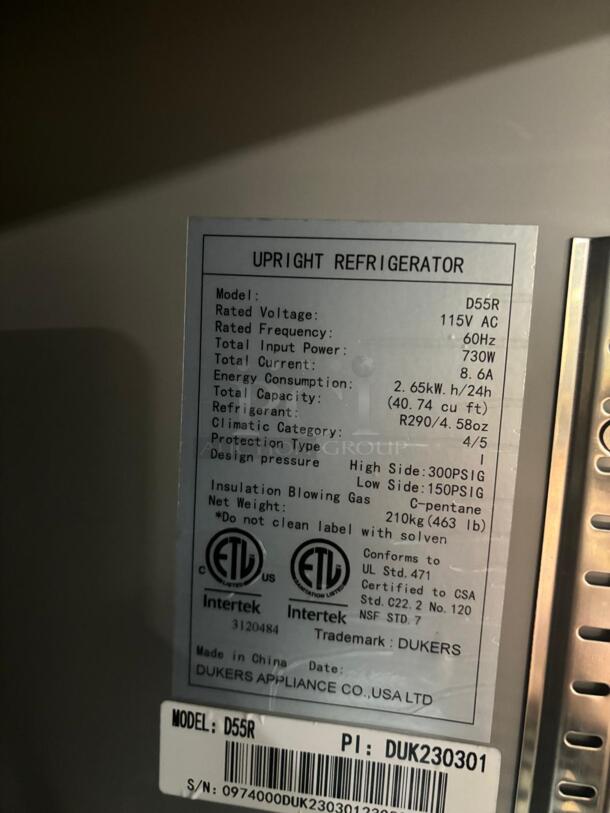 Brand New Scratch & Dent Dukers D55R 55" 2-Door Commercial Reach-In Refrigerator in Stainless Steel  - Image 3 of 5