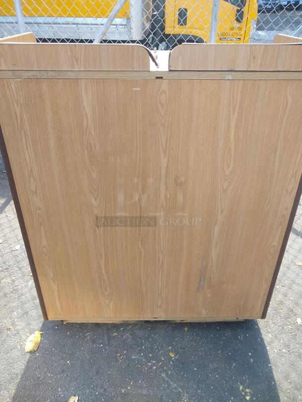 "THANK YOU!" LAMINATED WOODEN DOUBLE RESTAURANT TRASH CAN WITH CABINETS AND TRAY TOP
 - Image 3 of 5