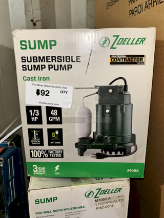 ZOELLER Submersible Sump Pump
Cast Iron - Professional Contractor Series, 1/3 Hp, 48 GPM, 115 Volt