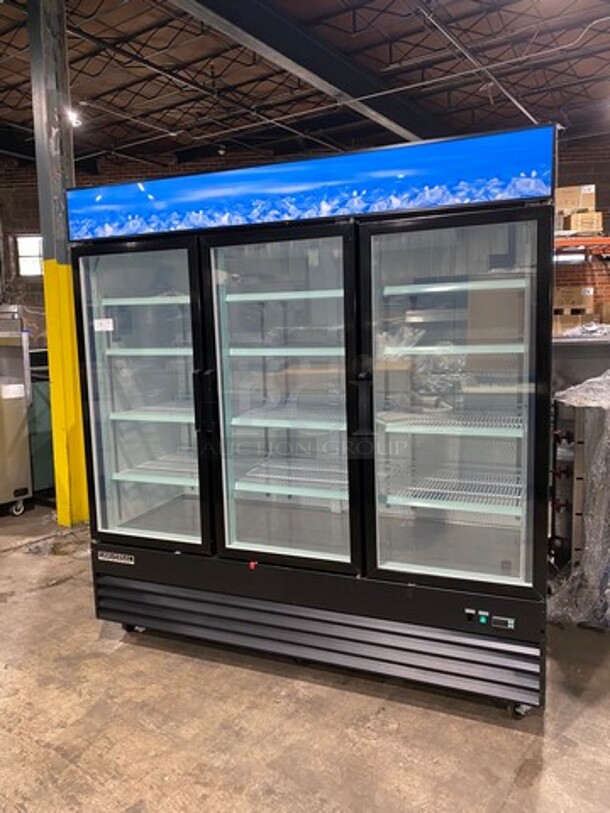 COOL! Universal Coolers Commercial 3 Door Reach In Cooler Merchandiser! With View Through Doors! With Poly Racks! On Casters! Model: EGDMF80B SN: 6115314921051102 115V