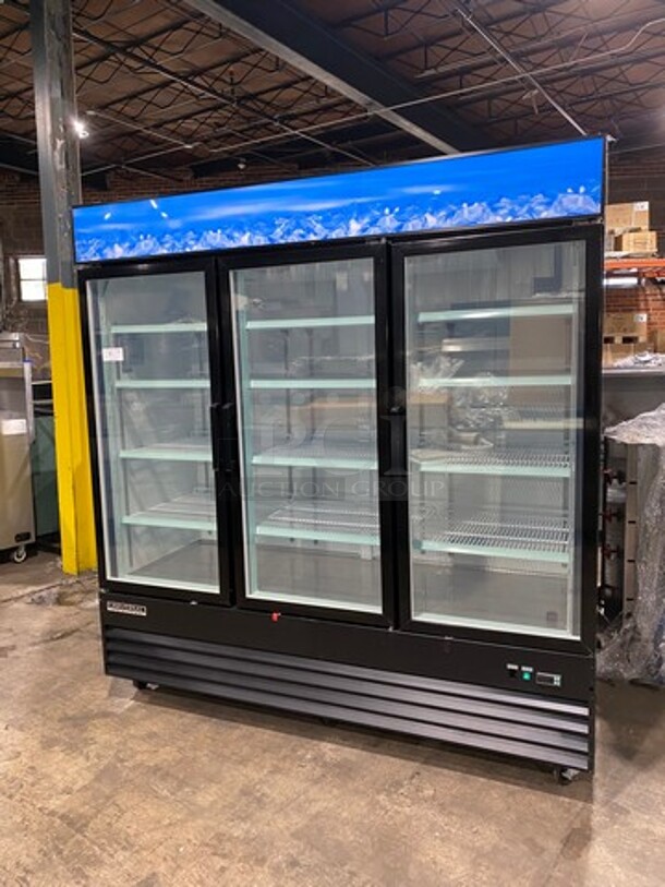 COOL! Universal Coolers Commercial 3 Door Reach In Cooler Merchandiser! With View Through Doors! With Poly Racks! On Casters! Model: EGDMF80B SN: 6115314921051102 115V - Image 1 of 9