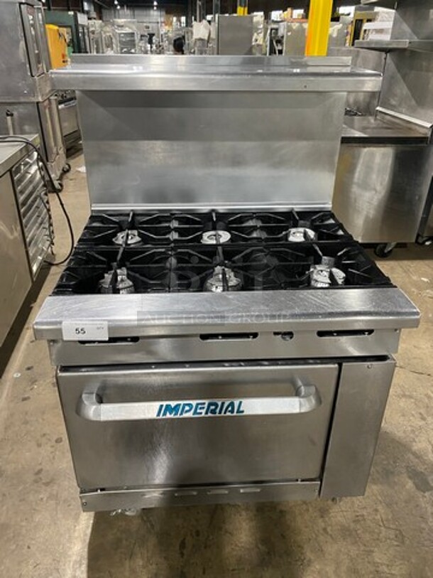 Imperial Commercial Natural Gas Powered 6 Burner Stove! With Raised Back Splash And Salamander Shelf! With Oven Underneath! All Stainless Steel! On Casters!