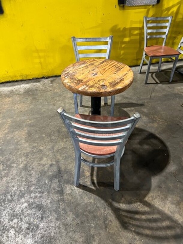 NICE! ALL ONE MONEY! Dining Set! Solid Wood 24" Round Dining Table! With Black Pedestal Base! With 2 Platinum Finish Metal Chairs! - Image 2 of 4