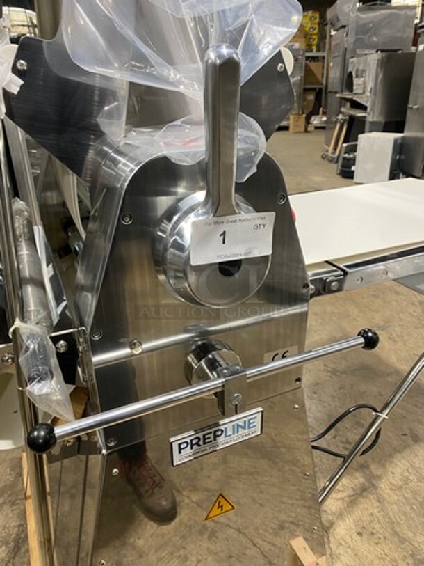 WOW! BRAND NEW! IN THE CRATE! Prepline Commercial Floor Style Reversible Dough Sheeter! Stainless Steel Body! Model: FSS120 SN: E21520179 120V 60HZ 1 Phase - Image 6 of 10