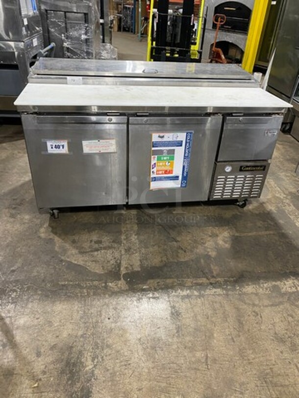 Continental Commercial Refrigerated Mega Top Pizza Prep Table! With Commercial Cutting Board! With 3 Door Storage Space Underneath! All Stainless Steel! On Casters! Model: CPA60 SN: 15161713 115V 60HZ 1 Phase