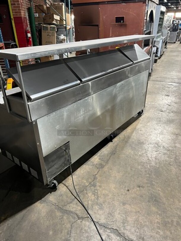 True Commercial Refrigerated 3 Door Pizza Prep Table! With Overhead Shelf! With Ticket Rail! All Stainless Steel! On Casters! Model: TPP93 SN: 4979455 115V 60HZ 1 Phase - Image 10 of 11