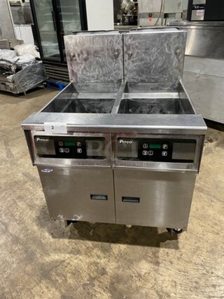 NICE! LATE MODEL! PITCO Soltice Frialator Stainless Steel Commercial Natural Gas Powered 2 Bay Deep Fat Fryer! Model SSH55! On Commercial Casters!