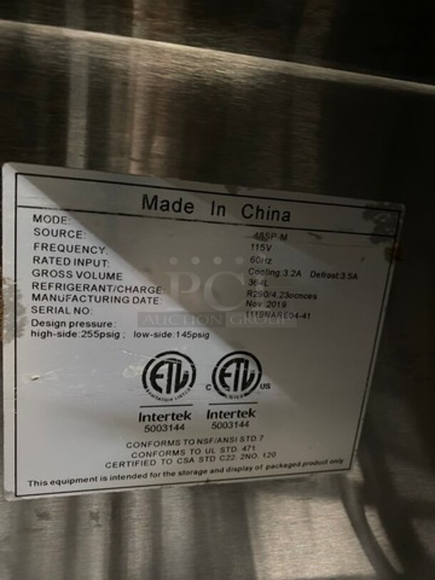 LATE MODEL! 2019 Commercial Refrigerated Sandwich Prep Table! With 2 Door Underneath Storage Space! Poly Coated Racks! All Stainless Steel! On Casters! Model: 48SPM 115V SN: 1119NARE0441 115V - Image 7 of 10