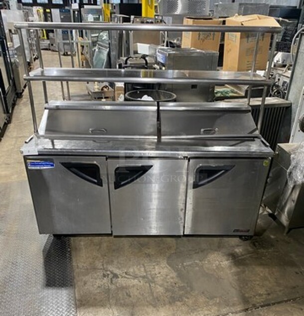 Turbo Air Commercial Refrigerated Sandwich Prep Table! With Double Overhead Shelf! With 3 Door Storage Space Underneath! All Stainless Steel! On Casters! Model: TST72SD 115V