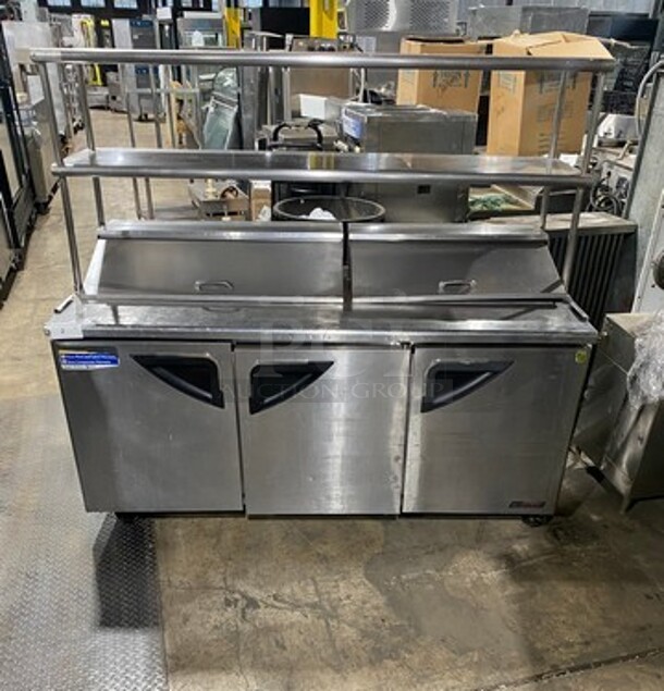 Turbo Air Commercial Refrigerated Sandwich Prep Table! With Double Overhead Shelf! With 3 Door Storage Space Underneath! All Stainless Steel! On Casters! Model: TST72SD 115V - Image 1 of 10