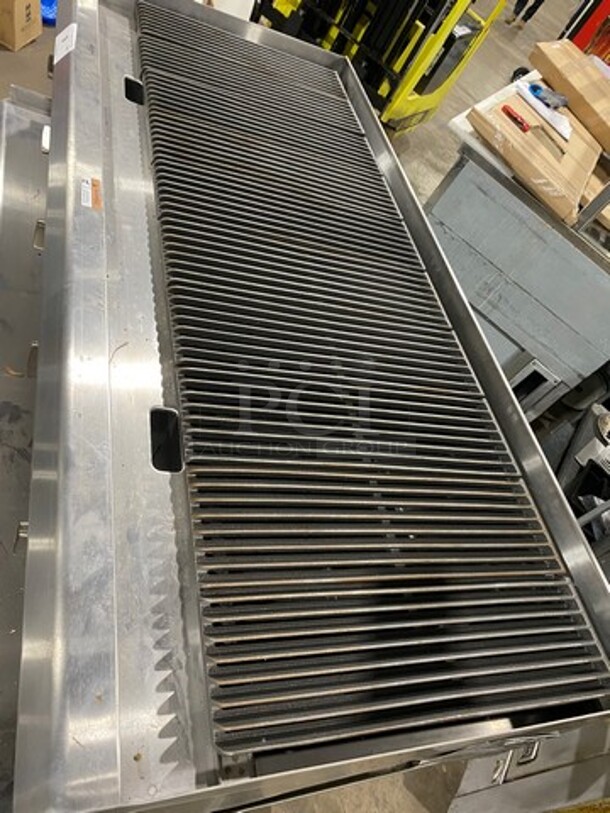 NEW! OUT OF THE BOX! CPG Commercial Countertop Natural Gas Powered Char Broiler Grill! With Back And Side Splashes! On Small Legs! On Equipment Stand! With Storage Space Underneath! All Stainless Steel! On Legs! SN: 2107003725 - Image 5 of 10