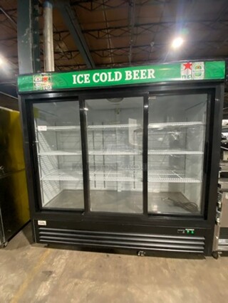 NICE! YUKON 3 Sliding Door Glass Refrigerated Merchandiser Reach In Cooler! Model YGSM-72! On Casters! Voltage 115V-60Hz-1ph!