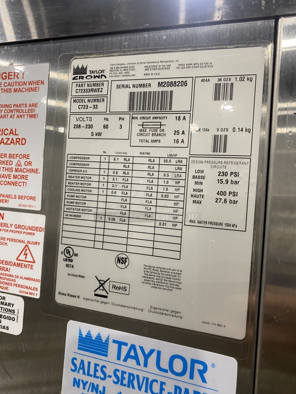 Nice! TAYLOR CROWN Commercial 3 Handle Soft Serve Ice Cream Machine! All Stainless Steel! On Casters! Model C723-33 Serial M2088206 208-230V/60Hz/3 Phase - Image 5 of 8