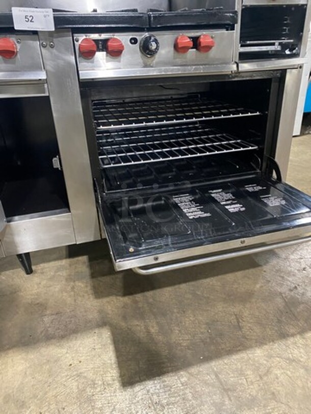 FAB! Franklin Commercial Natural Gas Powered 6 Burner Stove With Right Side Flat Griddle And Cheese Melter Combo! Griddle Has Side Splashes! With Raised Back Splash And Salamander Shelf! With Single Small Door Storage Space! With Oven Underneath! Metal Oven Racks! All Stainless Steel! On Legs! - Image 8 of 12