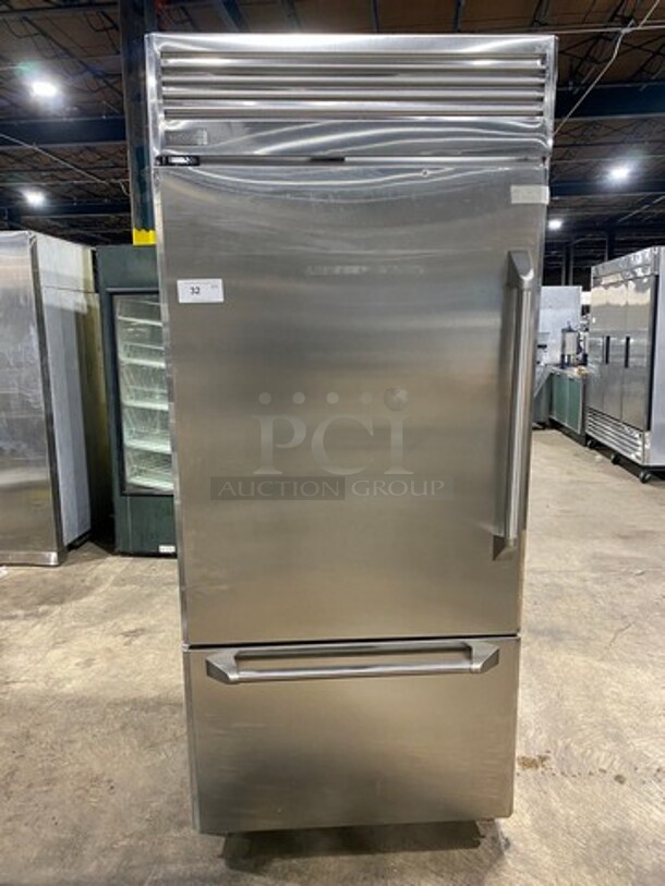 Monogram Upright Half Cooler Half Freezer Combo Unit! Single Cooler And Single Drawer Freezer! With Poly Coated Racks And Shelves! Stainless Steel! - Image 1 of 11