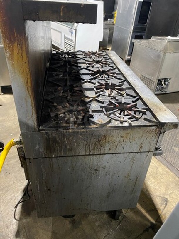 Garland Natural Gas Powered 10 Burner Stove! With 2 Full-Sized Convection Ovens! With Metal Oven Racks! With Raised Back Splash & Salamander Shelf! Stainless Steel! On Casters! WORKING WHEN REMOVED! - Image 4 of 11