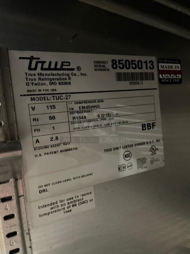 True Commercial Single Door Refrigerated Lowboy/Worktop Cooler! All Stainless Steel! With Poly Coated Racks! On Casters! 115V 1 Phase! Model: TUC-27 SN: 8505013! - Image 6 of 7