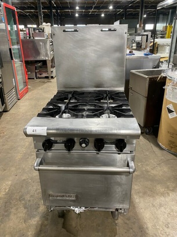 American Range Commercial Natural Gas Powered 4 Burner Stove! With Raised Back Splash! With Oven Underneath! All Stainless Steel! On Legs!