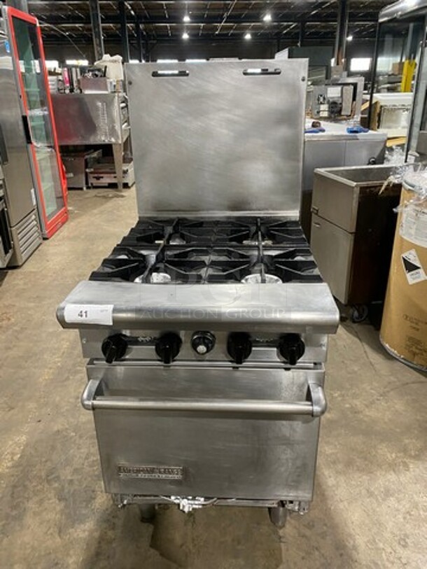 American Range Commercial Natural Gas Powered 4 Burner Stove! With Raised Back Splash! With Oven Underneath! All Stainless Steel! On Legs! - Image 1 of 9